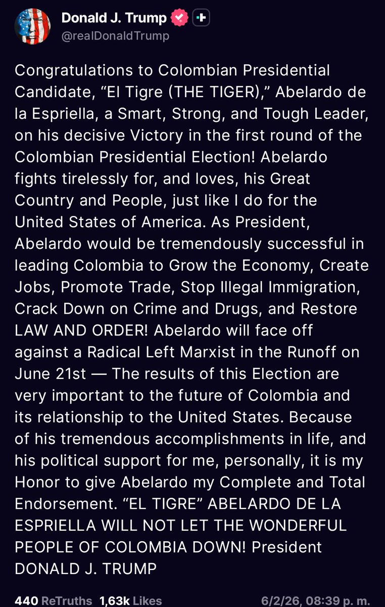 eduribbas's tweet photo. Trump se mete también en las elecciones de Colombia y respalda a Abelardo de la Espriella de cara a la segunda vuelta https://t.co/UkRVumCHNx