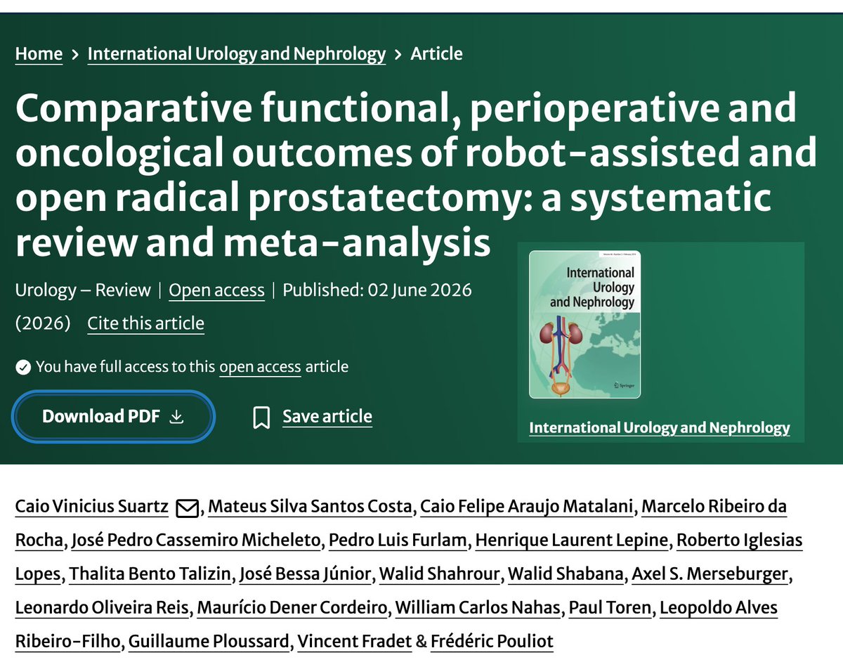 CSuartz's tweet photo. Is robotic prostatectomy just new technology, or does it truly change outcomes that matter?
Our systematic review and meta-analysis was published today in International Urology and Nephrology.
27 prospective/RCT studies 38,530 patients RARP vs ORP for localized prostate cancer https://t.co/4bpquDoYlP