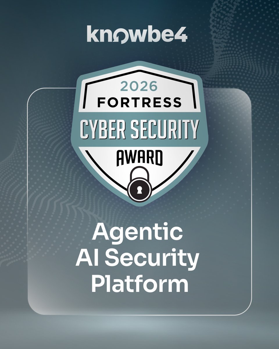 KnowBe4's tweet photo. AIDA a 2026 Fortress Cybersecurity Award winner (presented by @BigAwards) 🏆

Our suite of AI Defense Agents, drives real, measurable results — including reducing customer Risk Scores by nearly 3x. https://t.co/zTgwRqteiK https://t.co/FxDugd781f