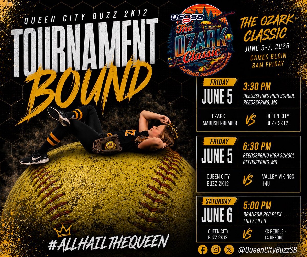 QueenCityBuzzSB's tweet photo. Headed to the Branson Classic this weekend 🐝

#queencitybuzz #fastpitchsoftball #bransonclassic #softballrecruiting #14u https://t.co/SgjXVadnWC