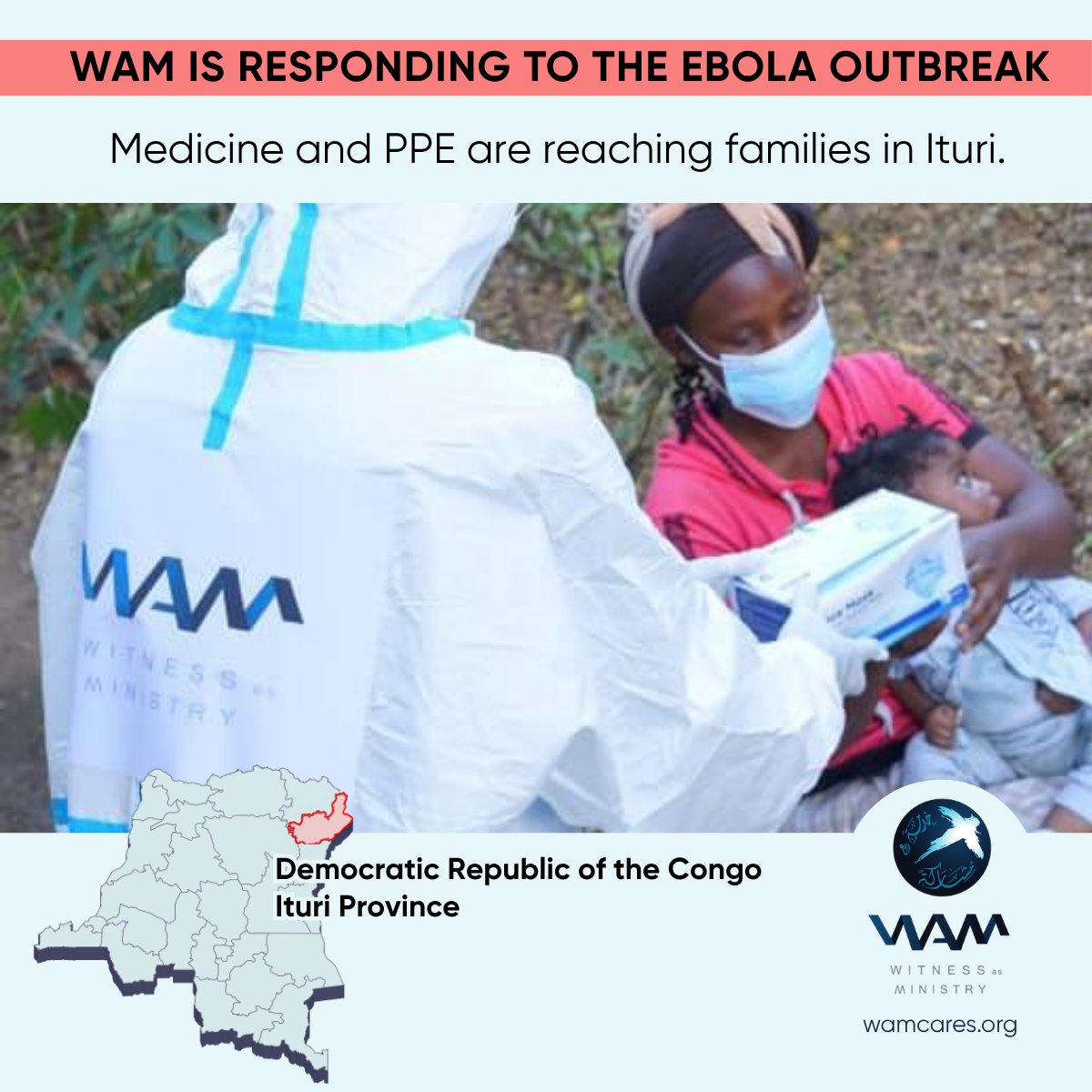 WAMcares's tweet photo. WAM’s #Ebola response continues in DR Congo.

Medicine and PPE are reaching families in Ituri Province as our team supports response efforts on the ground.

Send help. Give today. Pray now. 💙🩵
#WAMcares

https://t.co/nDUeYAujao https://t.co/iuW2xksDMS