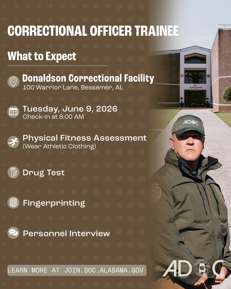 ALCorrections's tweet photo. 👮‍♂️ We’re Hiring in Bessemer!

Correctional Officer Trainees &amp; Correctional Security Guards at Donaldson Correctional Facility

💰 Starting Pay Up To: $58K ($28/hour)
📅 Tuesday, June 9th
⏰ Check in at 8:00 AM

Come ready. Leave with a career.
#ADOCJobs https://t.co/8iEvEYhDgZ