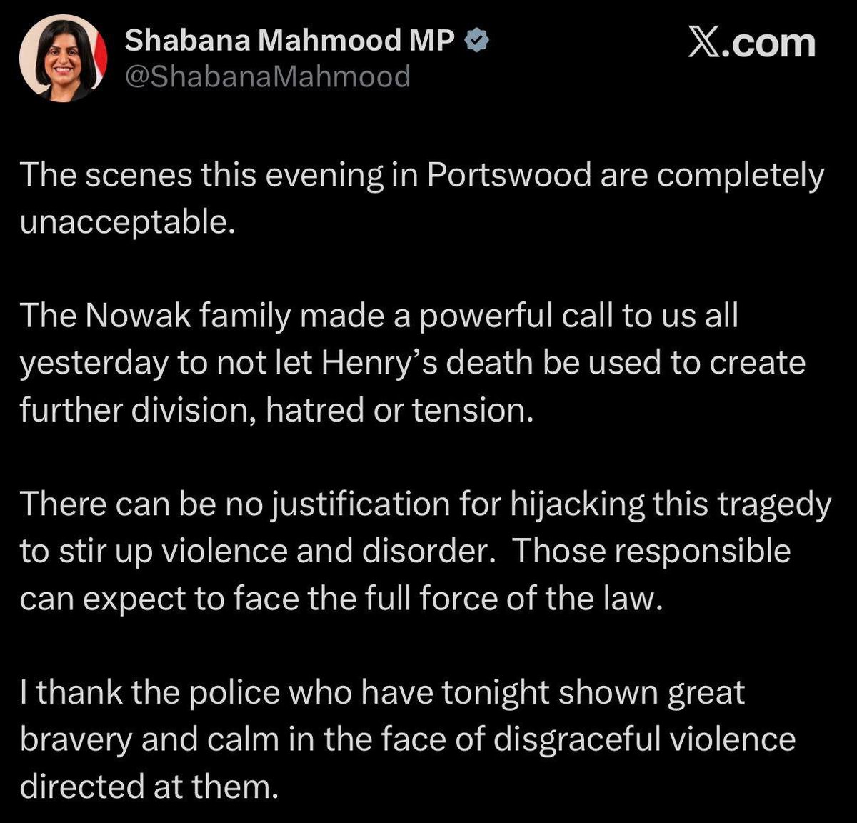 MarioNawfal's tweet photo. 🚨🇬🇧 UK Home Sec. Shabana Mahmood went full mask-off.

She praises cops in Southampton, claims Brits protesting Henry Nowak’s murder are just “hijacking” it for “division and hatred.”

What did she do next? Well, she threatened them with the “full force of the law.”

This is the same Shabana who voted AGAINST a national inquiry into Muslim grooming gangs last year.

Now she’s sickening the state on native Brits mourning a random stabbing by a foreigner. 

Priorities are completely inverted.