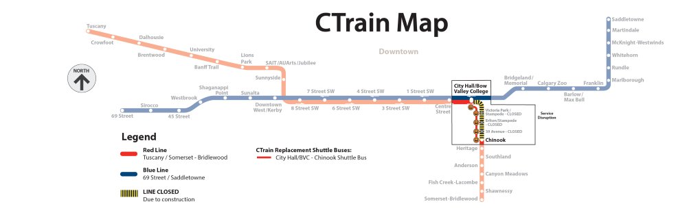calgarytransit's tweet photo. June 6-7: RED LINE CLOSURE - #CTRiders please note the Red Line will be closed between Chinook and City Hall/Bow Valley College stations, for maintenance work. Buses will replace train service between these stations. For details visit: https://t.co/9mKZ4na65t https://t.co/e7yvtgP456