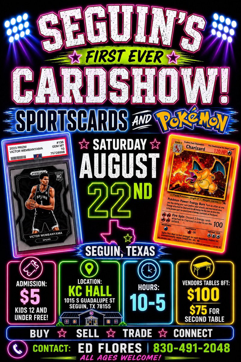 eflores1971's tweet photo. For the FIRST TIME EVER… we’re bringing the hobby to Seguin! 🙌

🏆 Seguin’s First Ever Card Show 🏆
Hosted by Edsclusive Cards

📅 Saturday, August 22nd
⏰ 10 AM – 5 PM
📍 KC Hall
1015 S Guadalupe St
Seguin, TX 78155

🔥 BUY • SELL • TRADE 🔥

Come experience a day packed with:
🏈 Sports Cards
🏀 Autographs & Rookies
⚾ Vintage & Modern Cards
🎮 Pokémon
💎 Slabs, Singles, Sealed Products & More!

Bring the family, bring your collections, and come connect with collectors from all over Texas!

🎟️ Admission: $5
👦 Kids 12 & Under FREE