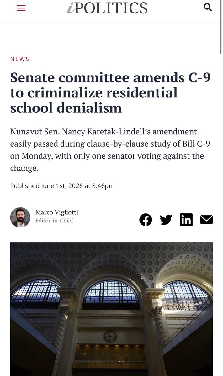mario4thenorth's tweet photo. A Senate committee just voted to amend Bill C-9 to criminalize “denying or downplaying” the residential school system. 

Up to 2 years in prison.

Read the language. 

“Downplaying” is not defined anywhere in the bill.

Quoting the TRC’s own death records: could be downplaying.

Quoting Chief Casimir saying “not a mass grave”: could be downplaying.

Discussing GPR’s documented limitations: could be downplaying.

The same week the legacy media is being forced to correct its own original 2021 reporting, Parliament is moving to make repeating those corrections a crime.

The same government that won’t let Albertan’s vote on a question about a question, is now deciding what historical facts you’re legally allowed to discuss. 

Insane.