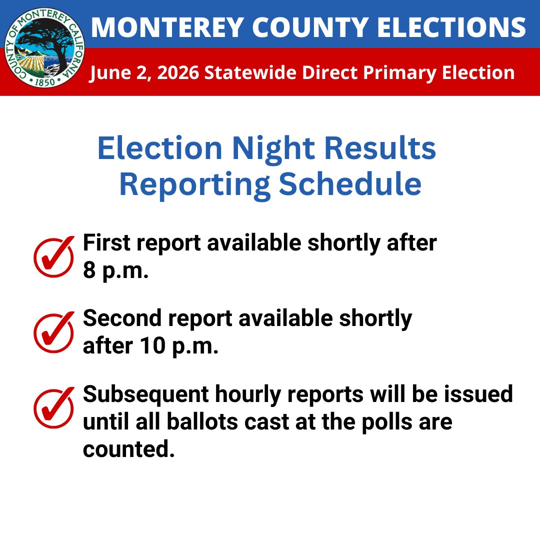 MontereyVote's tweet photo. The election night results reporting schedule for the June 2, 2026 Statewide Direct Primary Election is available at: https://t.co/WqcYXps0Gf https://t.co/ruk7QTY9eI