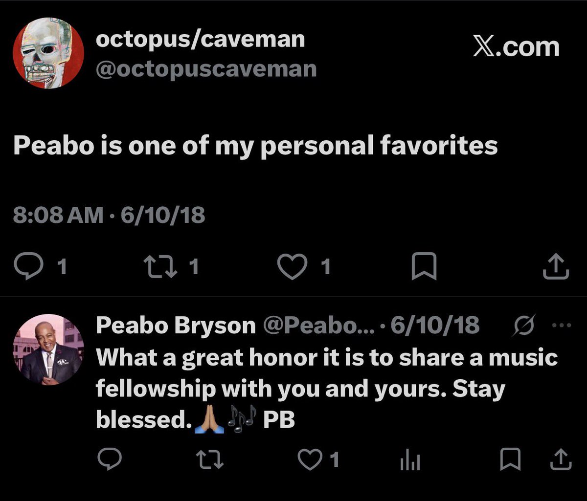 octopuscaveman's tweet photo. I love Peabo Bryson and tweeted about him pretty regularly. He followed me way back and it’s so funny that he put up with all of my insane tweets and me adding him to random DM rooms over the years. I’ll miss you king. https://t.co/FK2LscairV