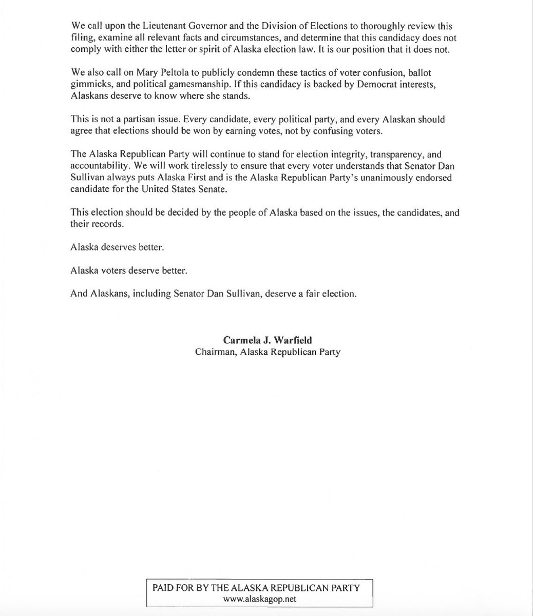 akgop's tweet photo. “This election should be won by earning votes, not by confusing voters.”

The Alaska Republican Party has unanimously endorsed Senator @DanSullivan_AK for re-election to the United States Senate.

Alaska voters deserve honesty, transparency, and a fair election process.

Read Chairman Carmela J. Warfield’s full statement below. ⬇️ & the @FoxNews article here: https://t.co/CmmTDJfFqQ