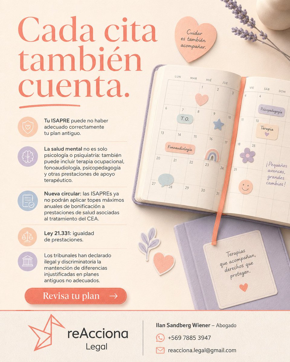 reacciona_legal's tweet photo. Tu ISAPRE puede no haber adecuado correctamente tu plan antiguo, y eso puede afectar coberturas vinculadas a salud mental y neurodesarrollo.

Nuestro interés, proteger tus derechos, haciendo más accesible y humano el ejercicio dicha defensa. Contáctanos. https://t.co/k4odMBVVkl