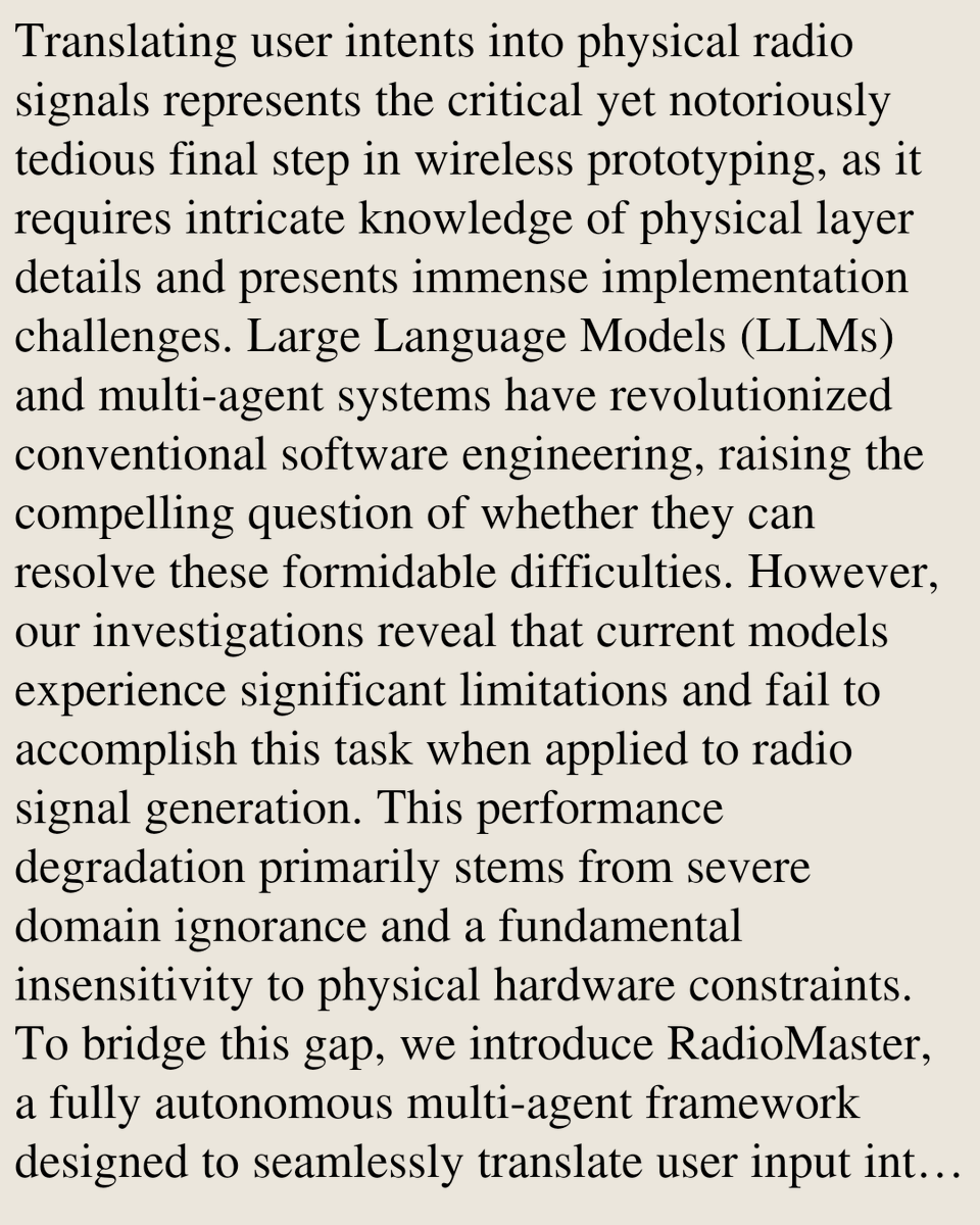 PIN's tweet photo. RadioMaster: Multi-Agent System for Autonomous Radio Signal Generation

Jiazhen Lei, Tianze Cao, Yuxin Sha, Sihan Wang, Bingbing Wang, Fengyuan Zhu, Zeming Yang, Xiaohua Tian
https://t.co/tGN0RaFMh5 [𝚌𝚜.𝙼𝙰 𝚌𝚜.𝙰𝙸 𝚌𝚜.𝙽𝙸] https://t.co/9We4IWT40k