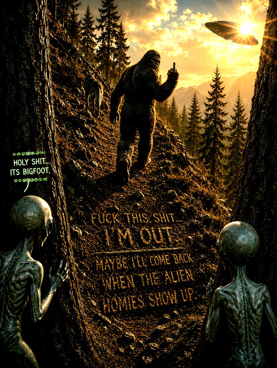 o7_JustJames's tweet photo. Shit is too boring. People are too predictable. 

Maybe I'll be back...
Maybe not...
Maybe fuck yourselves...

...Maybe.

GuroK the Sasquatch &amp; KonaK 
🫈👣🐺🌲🌲⛰️⛰️⛰️🌲🌲🐺👣🫈 https://t.co/598sUbW34U
