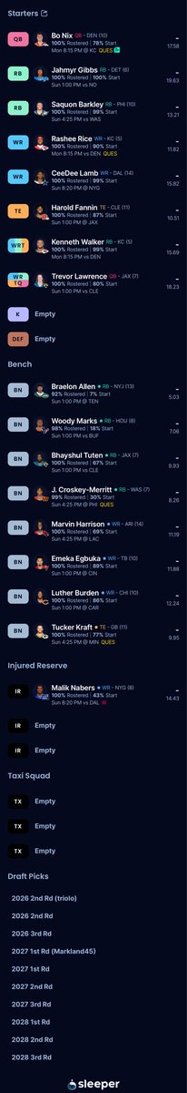 ejg1692's tweet photo. @FantasyBroAaron Any general thoughts/feedback? Try to piece a few people together to improve position? Thinking could use a qb upgrade. https://t.co/BjEunnRewl