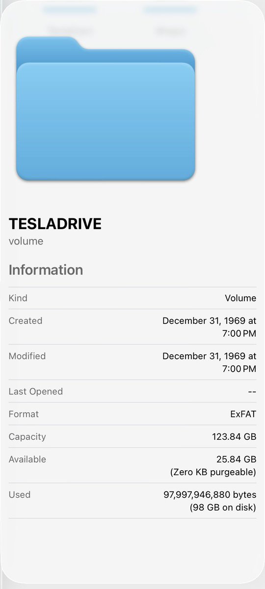dkmitc's tweet photo. I’ve deleted all the videos from my Tesla drive  but there’s still only 25GB available. I have maybe 4 photobooth pictures and a couple of extra skins but that’s it. 

What else is using all of that space? https://t.co/Mj9IzzL6P0