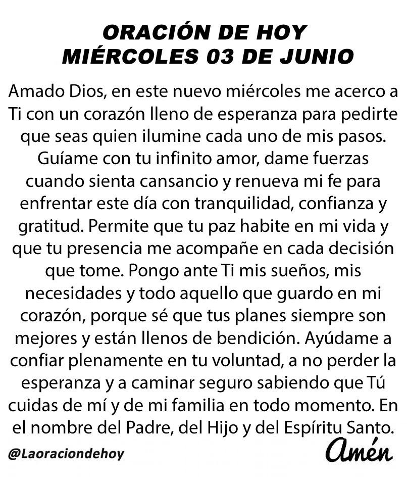 laoraciondehoy's tweet photo. Oración diaria para hoy miércoles 03 de junio de 2026. https://t.co/YGlD2mkrVt