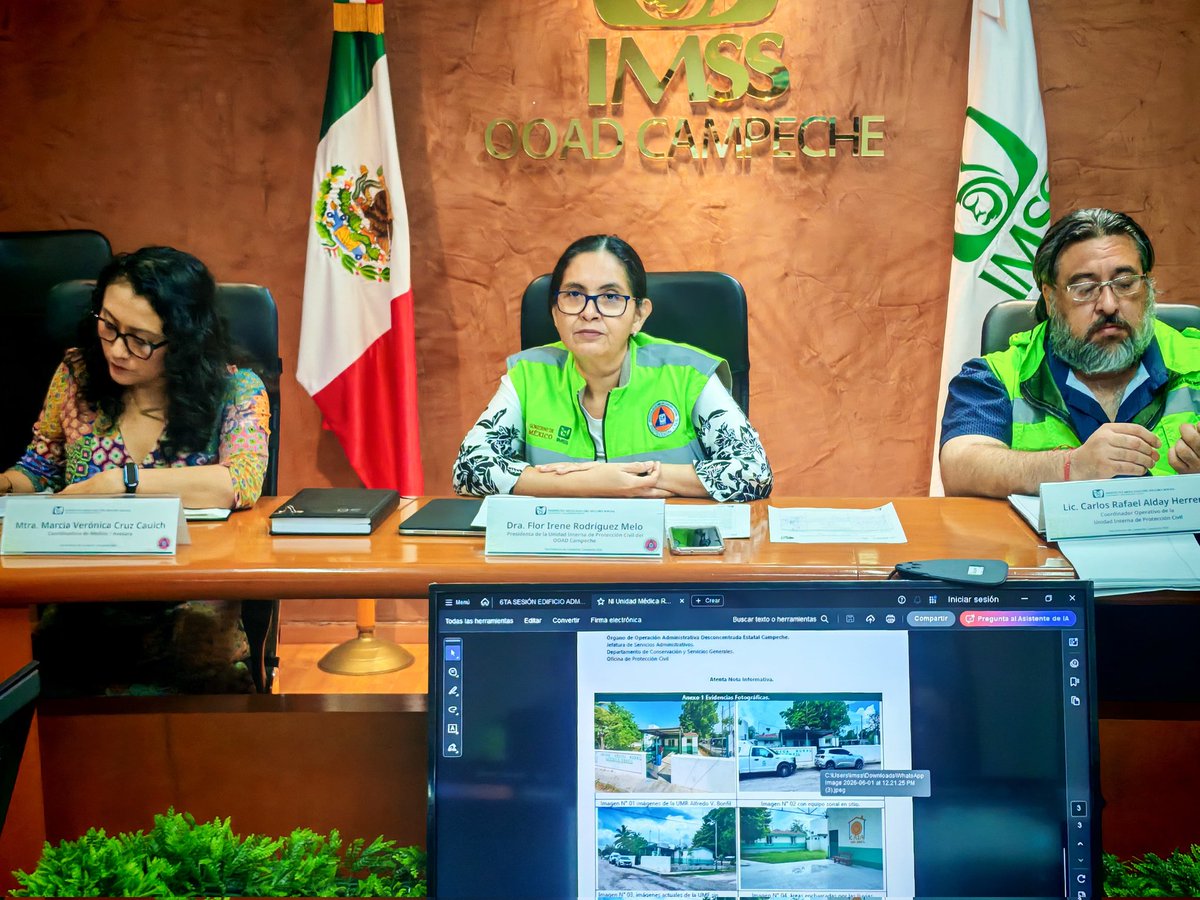 IMSS_Camp's tweet photo. 🏥🌧️ En sesión permanente de la Unidad de Protección Civil, la Dra. Flor Irene Rodríguez Melo, delegada del #IMSSCampeche, supervisa operatividad de todas las unidades médicas, administrativas y sociales del Instituto en el estado. https://t.co/UuzH7jopNp