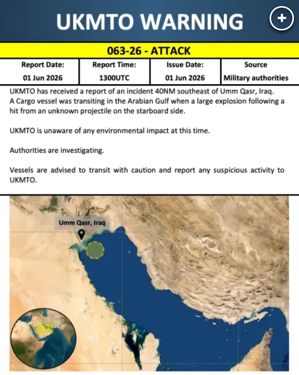 Frad_Group's tweet photo. MSC Sariska V suffered an explosion off Iraq on June 1.🚨Cause remains unclear, but the signal is clear: 
Gulf shipping risk is rising. Higher war premiums, route changes and freight volatility may follow. 
(Ref: UKMTO)
#Shipping #MarineInsurance #SupplyChainRisk #war https://t.co/9pQ7w6AFSl