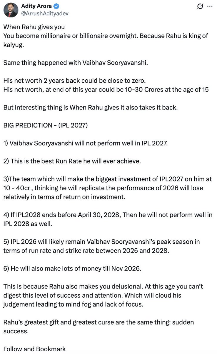 PrblSing's tweet photo. Most of these are not predictions. They are wide, safe statements built around IPL base rates.

After a historic 776-run, 237-SR season, it is naturally difficult for any player to repeat the same peak. So saying his strike rate may drop or 2026 may remain his short-term peak is not bold.

Similarly, saying teams may spend ₹10–40 crore on him is too wide to be meaningful. In today’s IPL, ₹10 crore is already normal premium pricing for good Indian players, while the auction record is ₹27 crore. With normal inflation, that ceiling itself moves close to ₹28–30 crore.

So the real data-backed view is simple: Vaibhav’s next season will be harder because teams will study him, expectations will rise, and his 2026 numbers are extreme. But calling that a “prediction” is generous. It is mostly a broad statement that can be made to look right under many outcomes.