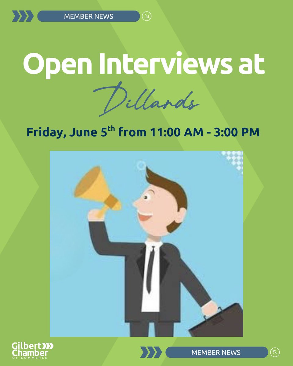 GilbertChamber's tweet photo. Dillards in @SanTanVillage will be hosting open interviews THIS Friday from 11 to 3. If you or anyone you know is interested, learn more at https://t.co/eA3KBHux9y.

#jobinterview #job #jobsingilbert #gilbertjobs #membernews #gilbertaz #gilbertchamber #gilbertbusiness https://t.co/E7p7Uzxodb