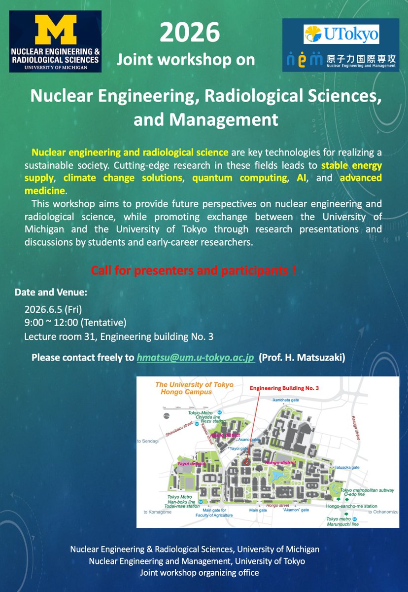 UTokyo_NEM's tweet photo. Joint workshop between U. Michigan and UT-NEM on Nuclear Engineering, Radiological Sciences, and Management
will be held on June 5th. https://t.co/cyxtm0Xpty