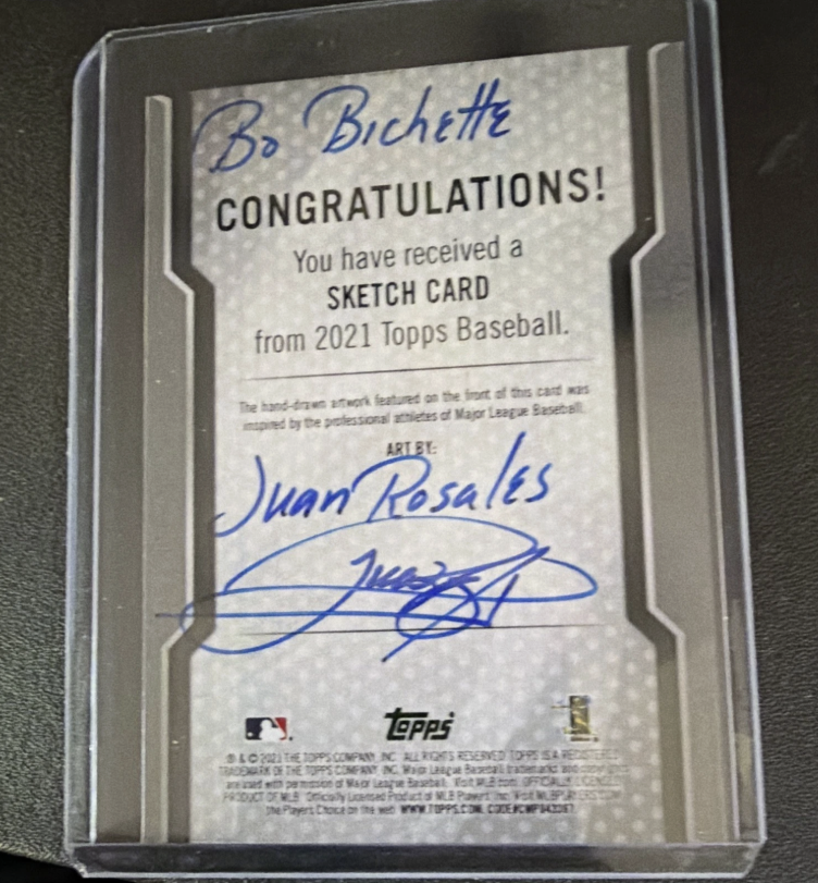 Fantasyguy23's tweet photo. Today's Bo Bichette addition... a 2021 Topps  1/1 sketch card by @RosalesArt1, and signed by Juan Rosales. @CardPurchaser @zesty_mate @CardsCottage @Nesterp99 https://t.co/hoX8q14vfI