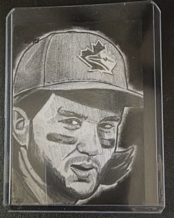 Fantasyguy23's tweet photo. Today's Bo Bichette addition... a 2021 Topps  1/1 sketch card by @RosalesArt1, and signed by Juan Rosales. @CardPurchaser @zesty_mate @CardsCottage @Nesterp99 https://t.co/hoX8q14vfI