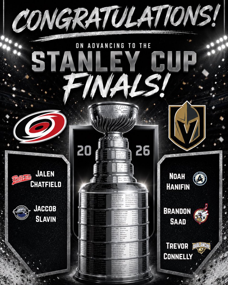 T1EHL's tweet photo. 🏒Good luck to our incredible alumni in the Stanley Cup Finals! 🏆 

#carolinahurricanes #vegasgoldenknights #stanleycupplayoffs26 https://t.co/3fzGhCnssR