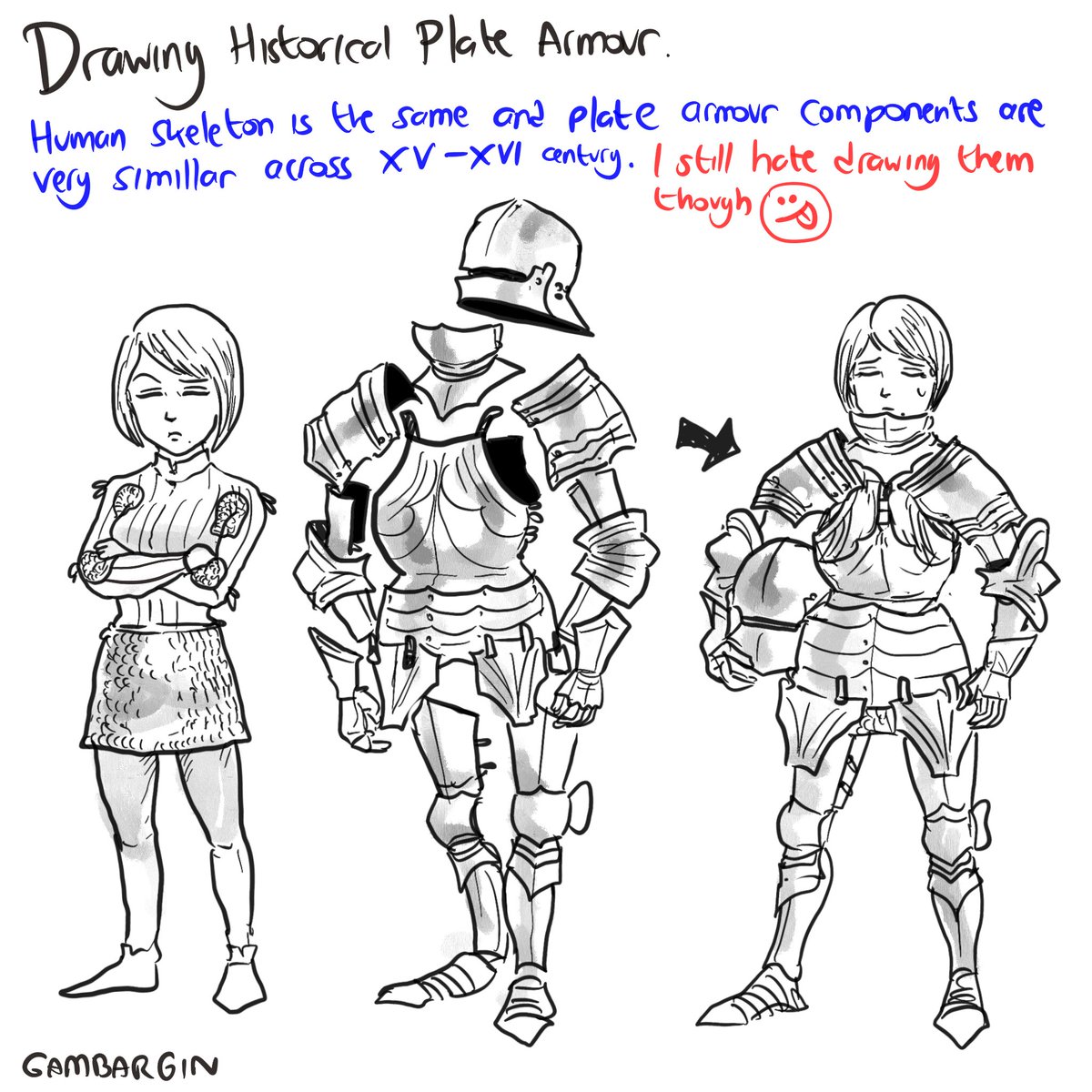 gambargin's tweet photo. To Plate or To Mech

My followers sometime jokingly say that drawing mechs is like drawing plate armour, but in reality, at least to my experience, it is a different challenge altogether. 

Here’s a very simplified comparison to show 🙂 https://t.co/NJ88gZUidn