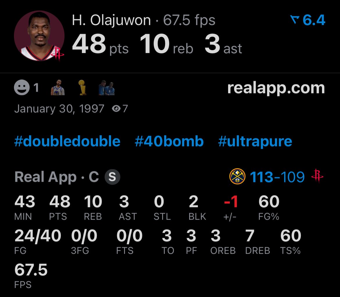 NBAonReal's tweet photo. Hakeem Olajuwon scored the most points in NBA history without a free throw attempt. https://t.co/f5xK1eGnxe