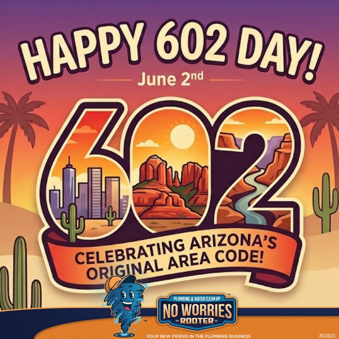 noworriesrooter's tweet photo. Happy 602 Day, Valley neighbors! 🌵☀️ Before the 480 and the 623 arrived, the 602 was the original area code that connected our entire desert state.

Celebrate the day with our own local favorite: grab our $99 Drain Clearing Special this week and get your home back to No Worries https://t.co/k1HxjAj5To
