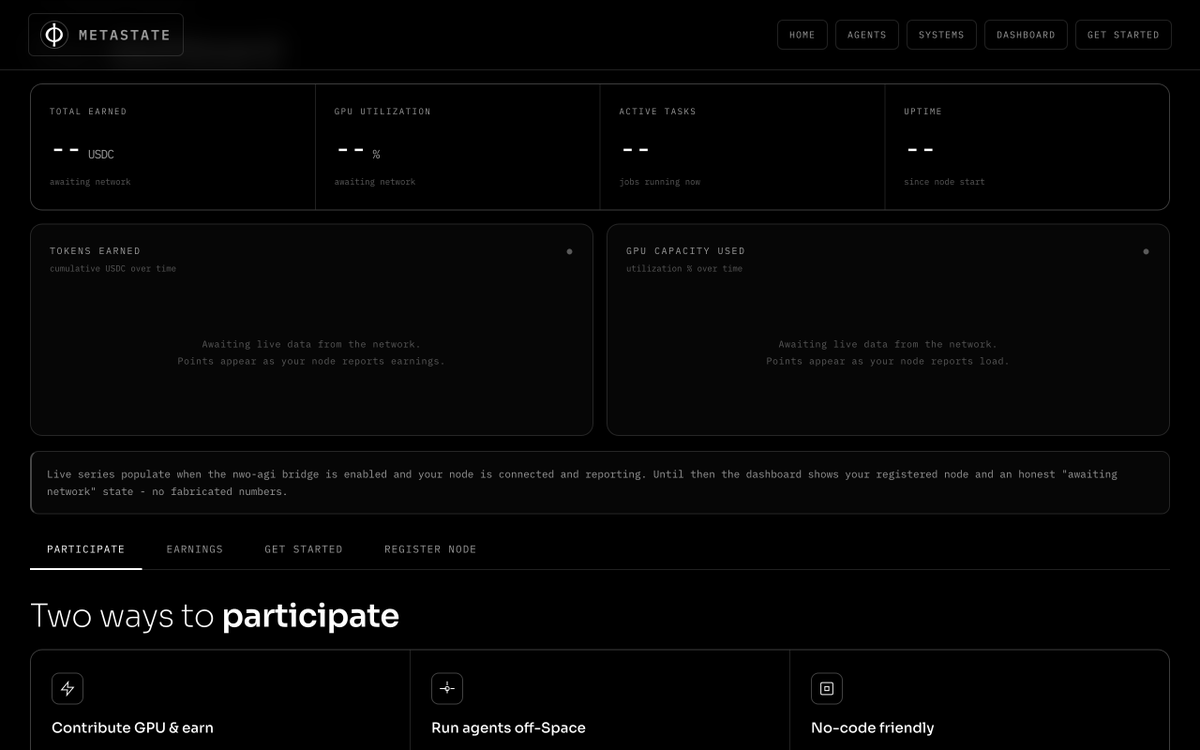 NWORobotics's tweet photo. @amazon @BostonDynamics @Microsoft @universalrobots @rUv @base #METASTATE #Cybernetic Mission Control for Distributed Compute Economy:

◐ Connect Wallet → Unlock Dashboard 
◐ Live Earnings + GPU Capacity Graphs 
◐ One-Click Node Registration
◐ Real Data Only
◐ Paid in $USDC on @Base

https://t.co/hoNpGtgIGR

https://t.co/wypIKfQkSN https://t.co/ipH2aIlRgb