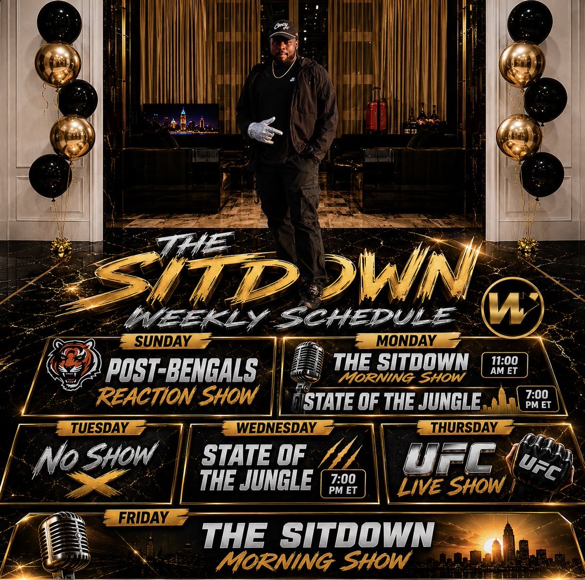 Wrightreportt's tweet photo. 🚨 NEW SEASON. NEW SCHEDULE. MORE CONTENT. 🚨

State Of The Jungle moves to twice a week 

📅 Weekly Lineup:

🏈 Sunday
• Post-Bengals Reaction Show

🎙️ Monday
• The Sitdown Morning Show — 11:00 AM ET
• State of the Jungle — 7:00 PM ET

🐅 Wednesday
• State of the Jungle — 7:00 PM ET

🥊 Thursday
• UFC Live Show ( Only PPV weeks )

🎙️ Friday
• The Sitdown Morning Show

@sitdown513
