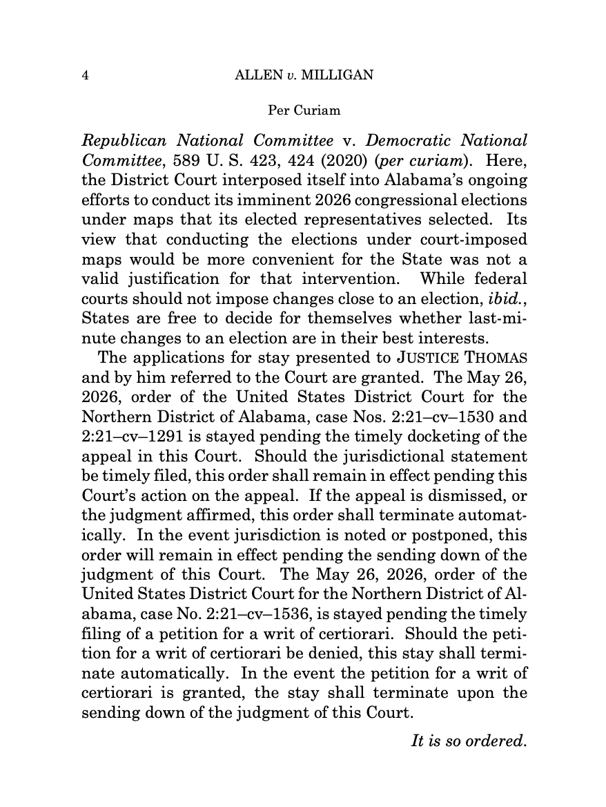 KelseyReichmann's tweet photo. BREAKING: Supreme Court grants Alabama GOP emergency appeal to implement congressional map ruled to be illegal racial gerrymander @CourthouseNews https://t.co/plKNRPOSRO
