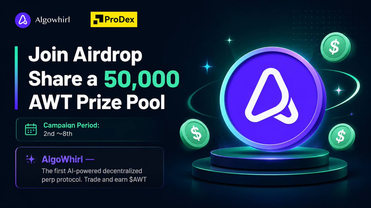 PRODEx_globalai's tweet photo. 🎬 PRODex × AlgoWhirl
💰 50,000 $AWT up for grabs!

Complete 3 simple steps:
✅ Follow @PRODEx_globalai & @AlgoWhirl
✅ Like & RT
✅ Join TG: Join both communities.
@PRODex_en
https://t.co/6ChGbbFEf1
✅ Sign up:https://t.co/bAc2MJ2VG2

⏰ FCFS! June 2–8

🎁 Get 50 $AWT instantly after completing the tasks.
#PRODex #Airdrop #AlgoWhirl #AWT #Crypto #DEX