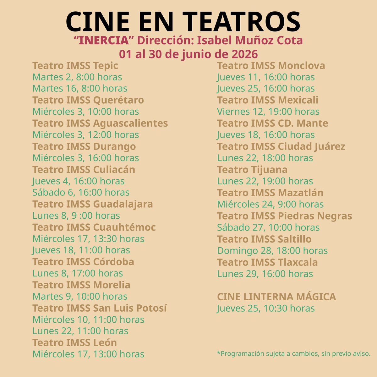 yo_zelig's tweet photo. Junio Cultural CINE EN TEATROS de @Tu_IMSS + Ciclo: Cine y Fútbol en colaboración con @CinetecaMexico @CCCMexico @labrujachabela #EntradaLibre #IMSSCultura https://t.co/Ktviy8hCp3