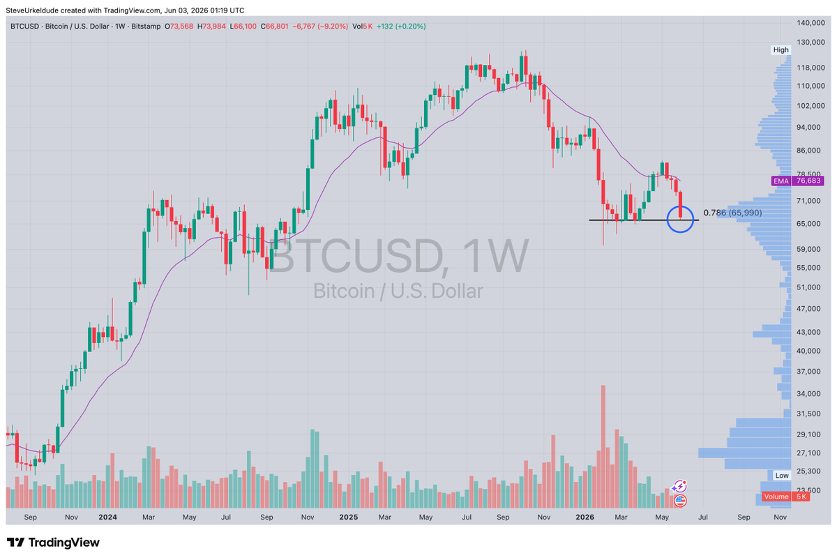 SteveUrkelDude's tweet photo. We had a great base/reversal and bounce on #Bitcoin off $66,000 recently - rallying into the $82,000s before the rejection and drop - and now it's right back to $66K.

This is a key spot, to say the least. https://t.co/F3itU6zXbL