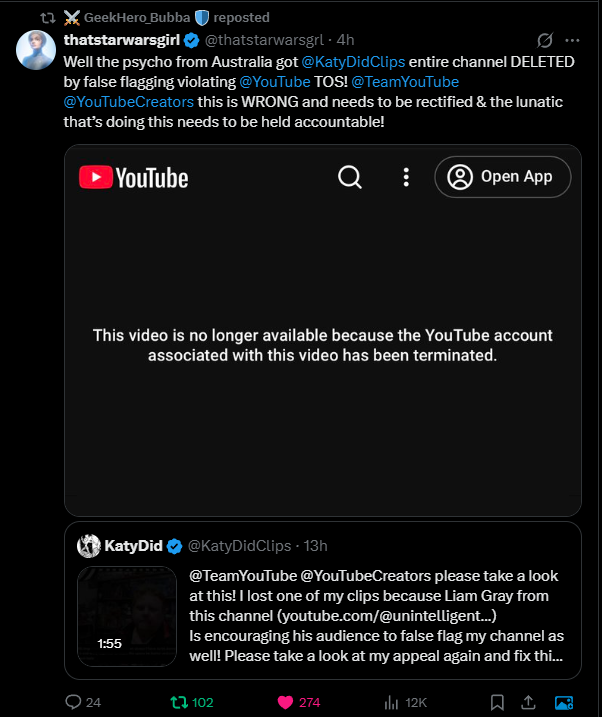 DarkShadowLogan's tweet photo. This is WAR now ! Katy helped promote many creators and now her channel has been terminated by Liam Gray. Vengeance and Justice must be served. I leave it up to the communities conscience. https://t.co/fK657GNINv