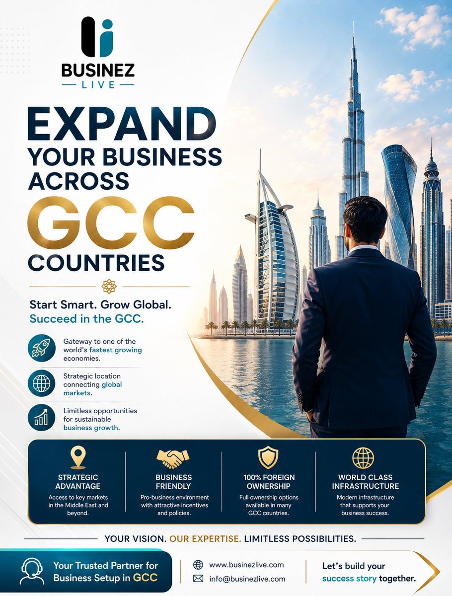 BusinezLive's tweet photo. Ready to expand your business in the GCC?

From company formation and investor visas to licensing and business support, BusinezLive helps you establish your presence across GCC countries with a smooth and hassle-free process. https://t.co/40oMBABGc1