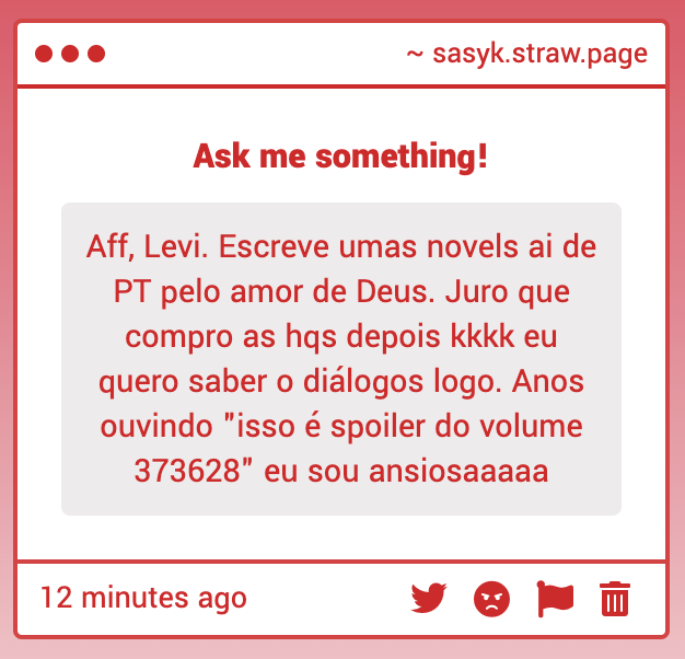 sasyk_'s tweet photo. ah, mano, me erra. o quadrinho parado há mais de 2 anos por terem me passado a perna e não quererem devolver os direitos e tu me mete um "anos ouvindo que isso é spoiler"? pois tô há anos esperando pra poder continuar, porra. senta, espera, aprende a apreciar arte e principalmente a valorizar artista. eu hein.