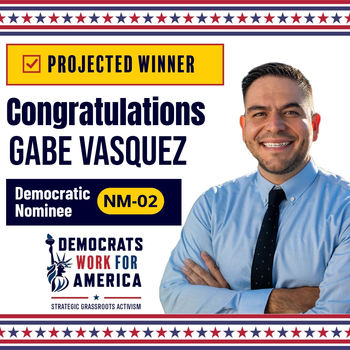RachelAzzara's tweet photo. Congratulations! GABE VASQUEZ is officially the Democratic nominee for NM-02! Let's keep this seat blue!

#NM02 #WinBlue https://t.co/OT8hVvihX1