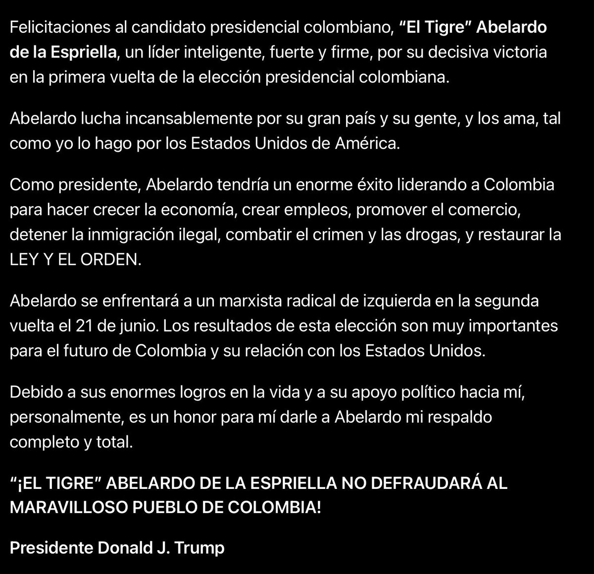 ColombiaEnMex's tweet photo. Mensaje del presidente de los Estados Unidos 🇺🇸 @realDonaldTrump al pueblo colombiano. 🇨🇴
Adjuntamos traducción. https://t.co/X52RGCtgZ7