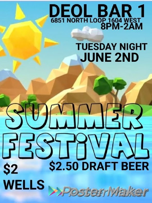 deolbar's tweet photo. TUESDAY NIGHT DON'T MISS
SUMMER FEST 
8PM-2AM 
$2 WELLS
$2.50 DRAFT BEER 
$70 AND UP BOTTLES 
POOL TABLES DART BOARDS GAMES INSIDE AND OUT 
#FUN #SHOTS #MUSIC #DJS
#SUMMER #UTSA #STMARYS
#PARTY #PARTYTIME https://t.co/VBVhHr1O8Y