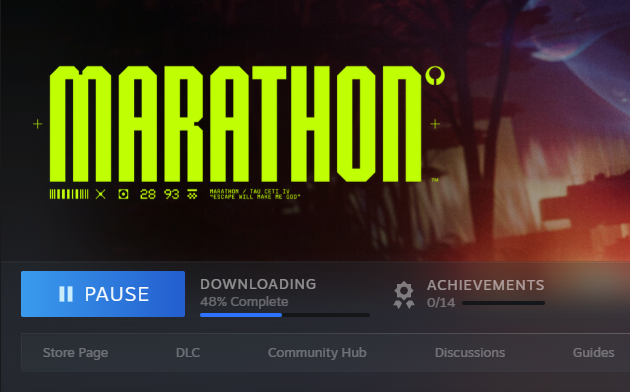 fromsoftserve's tweet photo. taking advantage of the free period to check out Marathon. honestly shoutout for it only being a 25gb download https://t.co/8n75os3emB