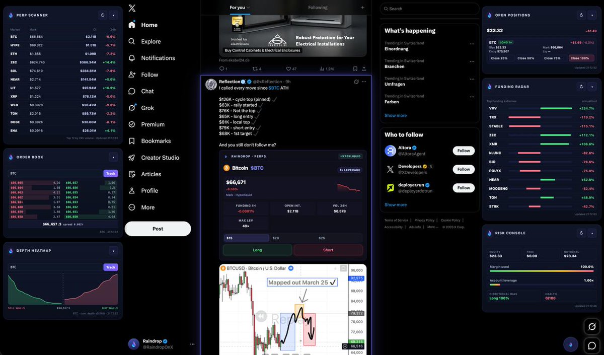 RaindropOnX's tweet photo. Previews of the upcoming marginal overlays for V4— these are overlays that lay on the left and right side of your X feed, different from the post overlays which allow for the actual long/short for perps and buying/researching of tokens in posts.

Raindrop converts your X feed into a fully-customizable multi-chain token trading and perp trading terminal for frictionless trading without leaving the site.

Users can configure their layout however they like whether they want a perp trading terminal, token trading terminal, or something in between! Raindrop is extensively intuitive and customizable for everybody.