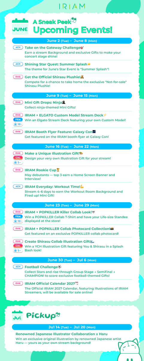 IRIAM_US's tweet photo. [IRIAM Upcoming Events!] 🌊☀️

Summer is here — and IRIAM is heating up!

Brand collabs, creative ranking battles, and the very first Rookie Cup for May debutants. June and July are packed with reasons to stream!

Here's a sneak peek at what's coming 👍🗓️

This schedule is subject to change, but we hope it helps you get ready for all the fun ahead!