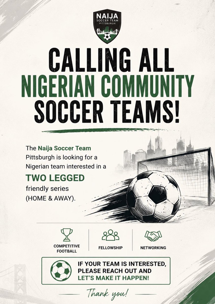 9iceguy11's tweet photo. ⚽🇳🇬 Nigerian community soccer teams, where you at?

Naija Soccer Team Pittsburgh, PA is looking for a Home &amp; Away friendly series.

Interested? Send a DM. https://t.co/qrwwGZUKVL