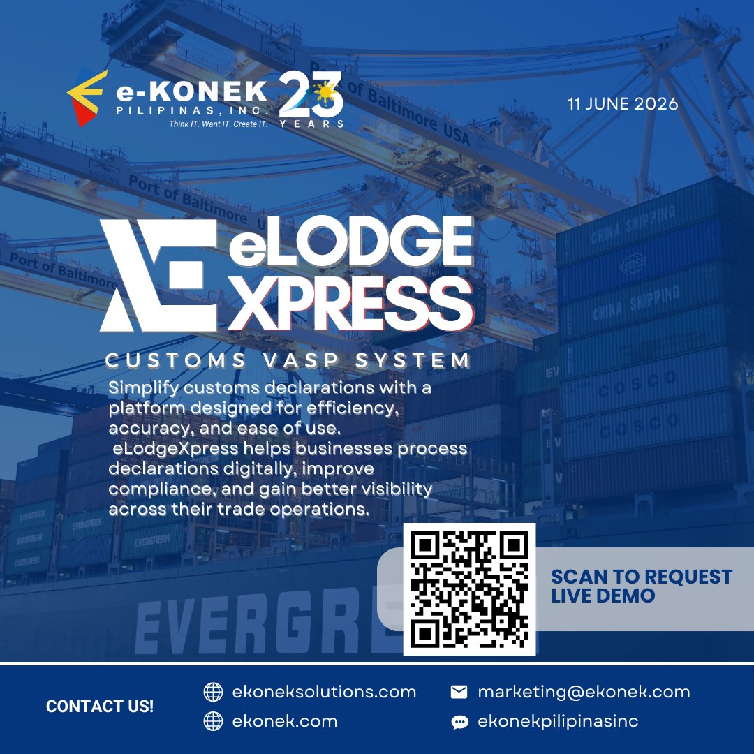 e_Konek's tweet photo. Customs declarations don't have to be complicated.

With eLodgeXpress, businesses can process declarations digitally, improve compliance, and gain better visibility across trade operations.

Simpler processing. Smarter trade.

#eKonek #ThinkITWantITCreateIT https://t.co/zTOwJuNxu7