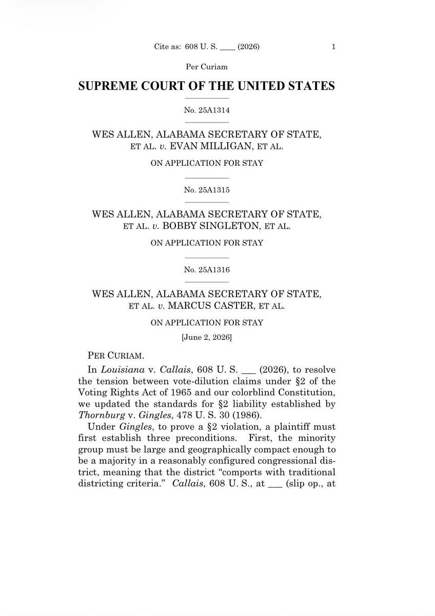 ShawnFleetwood's tweet photo. BREAKING: U.S. Supreme Court greenlights Alabama’s use of its 2023 congressional map. Justices Sotomayor, Kagan, and Jackson dissent https://t.co/PGmVyqyQxh
