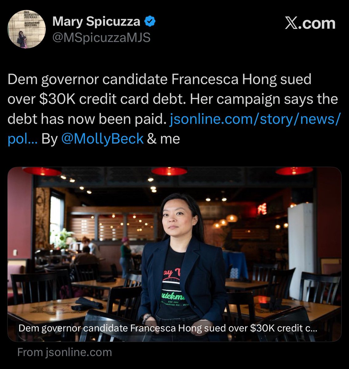 wisconsin_now's tweet photo. .@MollyBeck and @MSpicuzzaMJS you missed the obvious question. Where did Hong get the $30K to suddenly pay off this debt? https://t.co/LzZ7y1uyMl