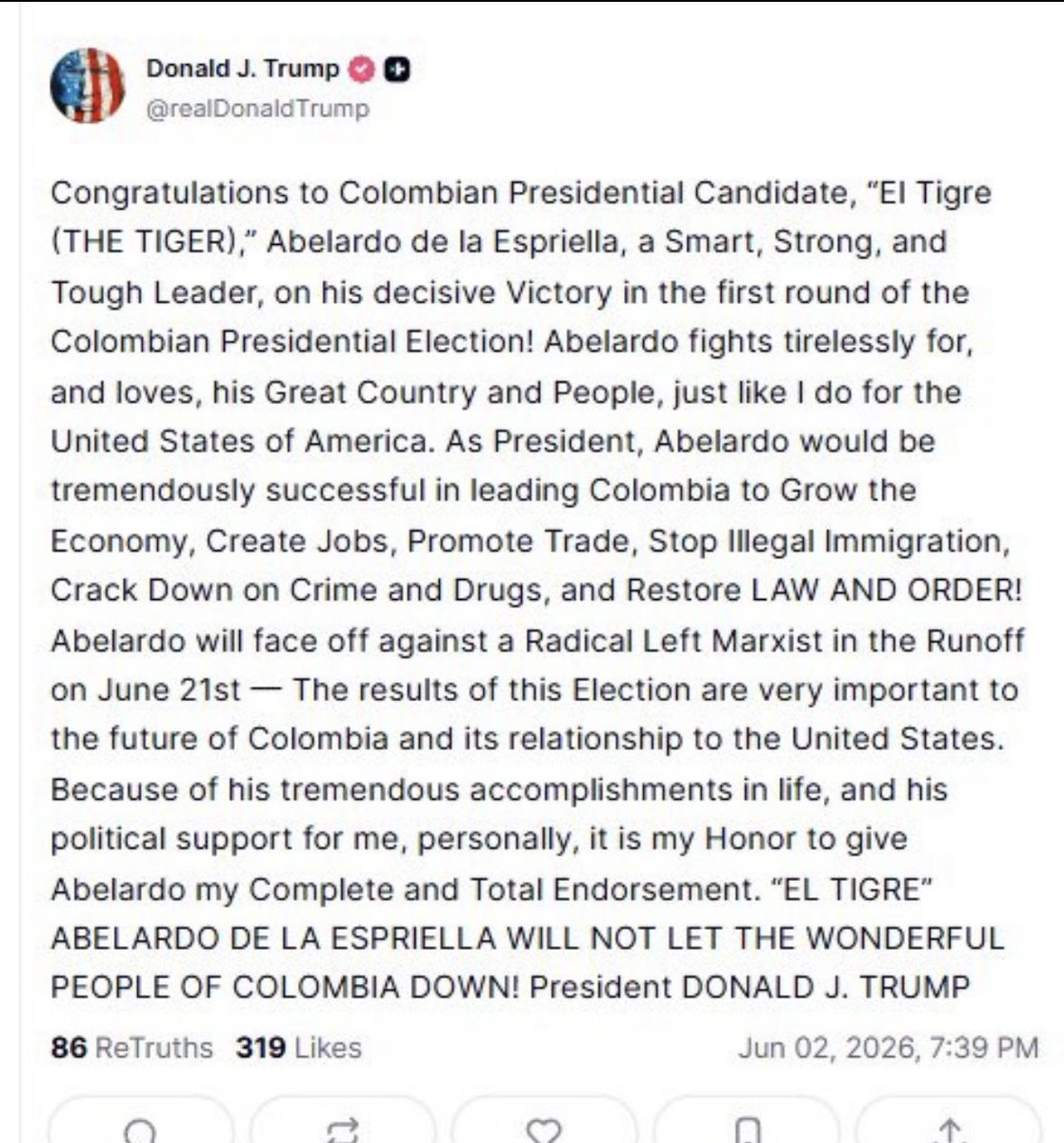 FBarbosaDelgado's tweet photo. Presidente de los Estados Unidos @realDonaldTrump respalda al candidato presidencial @DELAESPRIELLAE . Se anuncia una futura relación amigable entre los dos países. https://t.co/18UArbLCg3